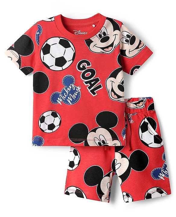 Babyhug Disney Single Jersey Knit Half Sleeves Co-ords Shorts Night Suit with Mickey Mouse Graphics - Red
