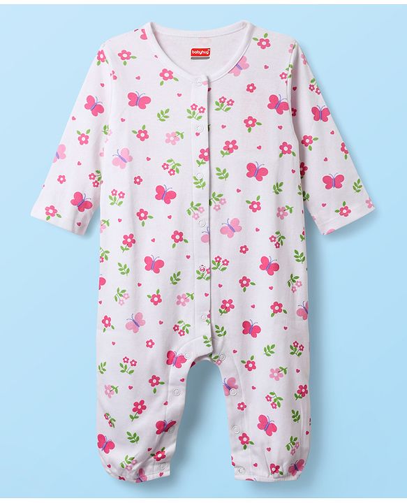 Babyhug 100% Cotton Interlock Knit Full Length Romper with Floral Print Pack of 2 - White & Purple