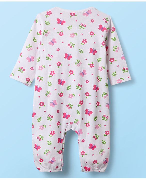 Babyhug 100% Cotton Interlock Knit Full Length Romper with Floral Print Pack of 2 - White & Purple