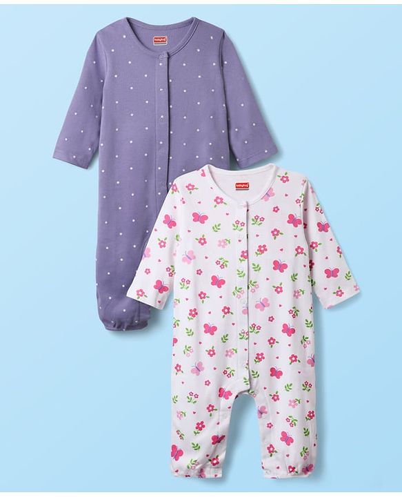 Babyhug 100% Cotton Interlock Knit Full Length Romper with Floral Print Pack of 2 - White & Purple
