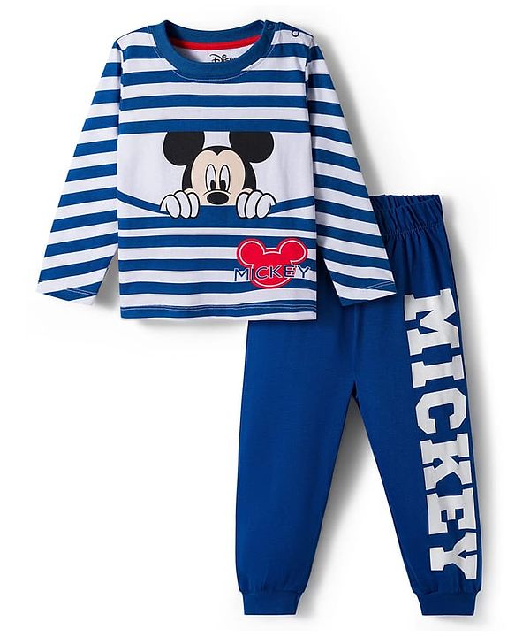 Babyhug Disney Single Jersey Knit Full Sleeves Night Suit With Mickey Mouse Graphics - Navy Blue