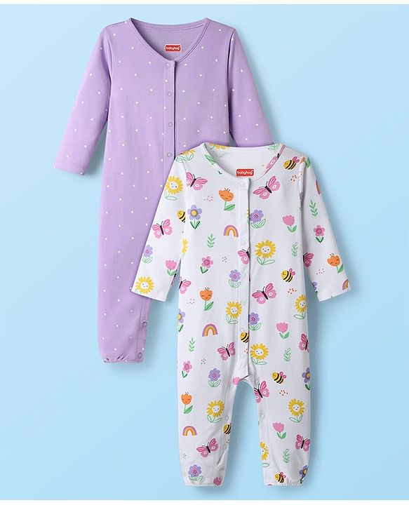 Babyhug 100% Cotton Interlock Knit Full Sleeves Rompers With Polka Dots & Floral Print Pack Of 2 - Purple & White