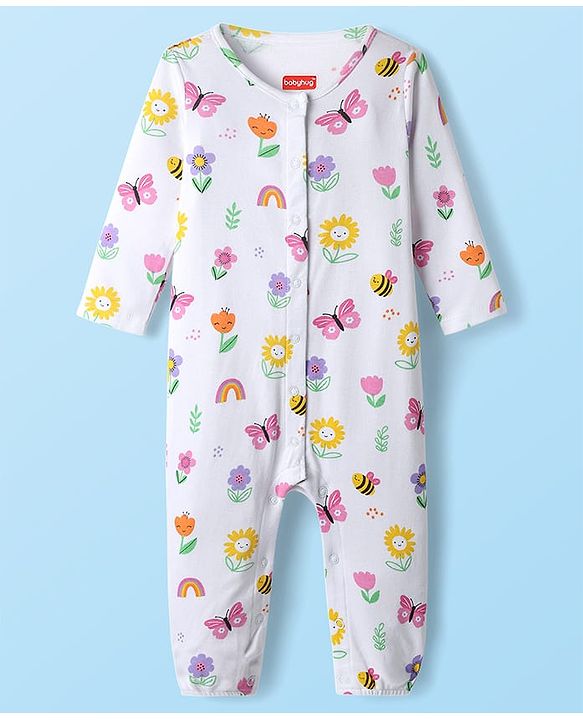 Babyhug 100% Cotton Interlock Knit Full Sleeves Rompers With Polka Dots & Floral Print Pack Of 2 - Purple & White