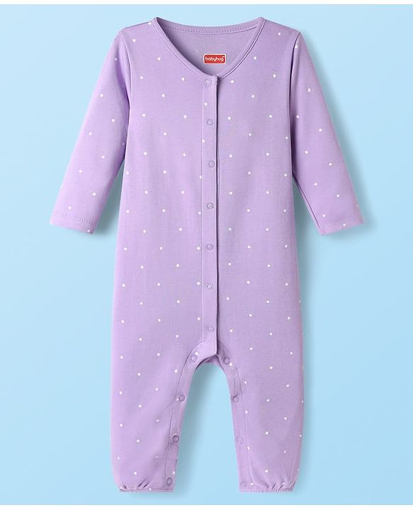 Babyhug 100% Cotton Interlock Knit Full Sleeves Rompers With Polka Dots & Floral Print Pack Of 2 - Purple & White