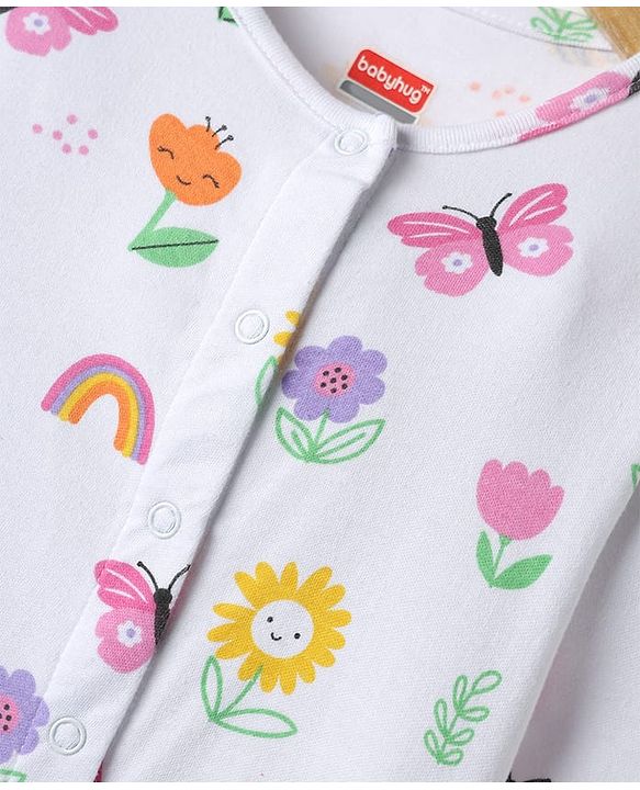 Babyhug 100% Cotton Interlock Knit Full Sleeves Rompers With Polka Dots & Floral Print Pack Of 2 - Purple & White