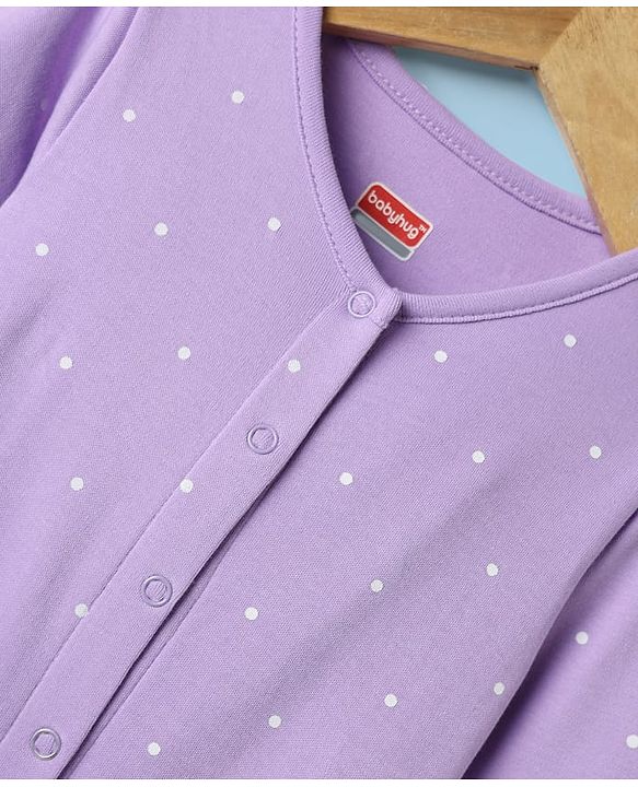 Babyhug 100% Cotton Interlock Knit Full Sleeves Rompers With Polka Dots & Floral Print Pack Of 2 - Purple & White