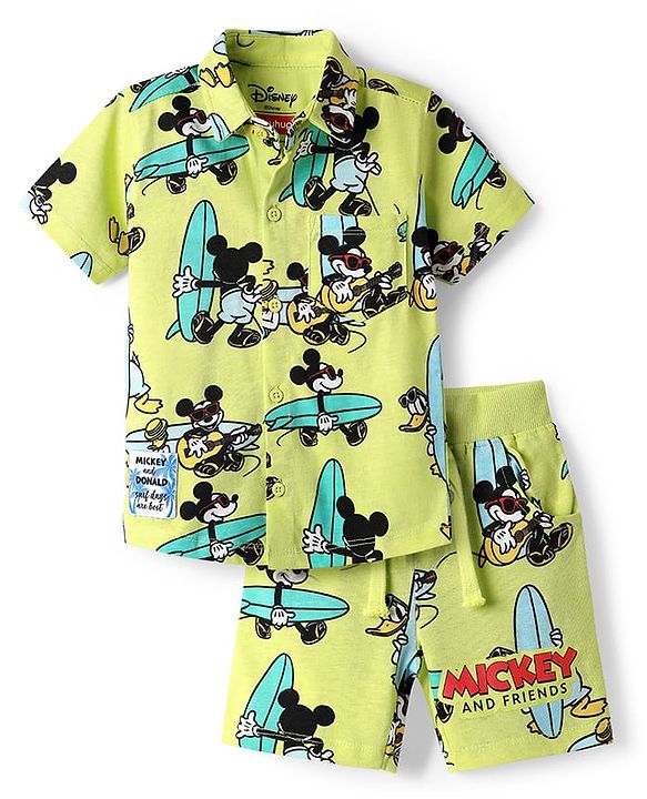 Babyhug Disney Single Jersey Knit Half Sleeves Co-ords Shirt & Shorts Set with Mickey Mouse Graphics - Limegreen