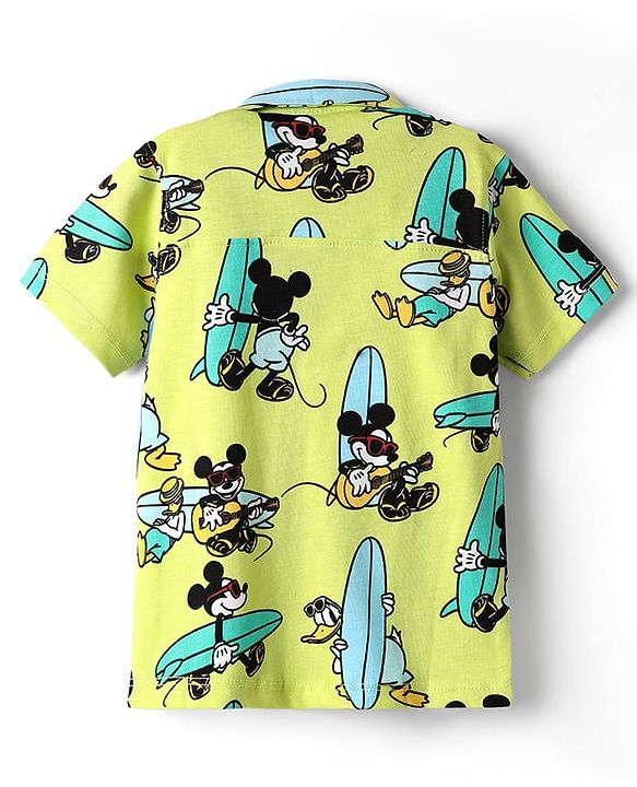Babyhug Disney Single Jersey Knit Half Sleeves Co-ords Shirt & Shorts Set with Mickey Mouse Graphics - Limegreen