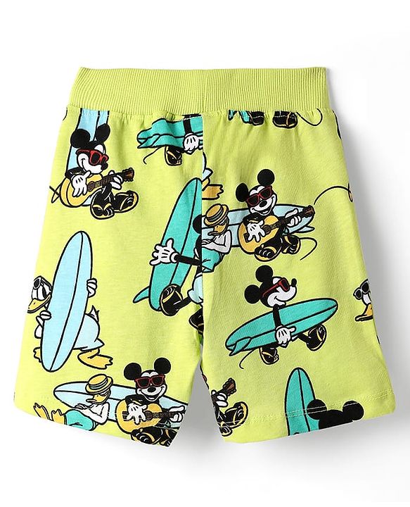 Babyhug Disney Single Jersey Knit Half Sleeves Co-ords Shirt & Shorts Set with Mickey Mouse Graphics - Limegreen