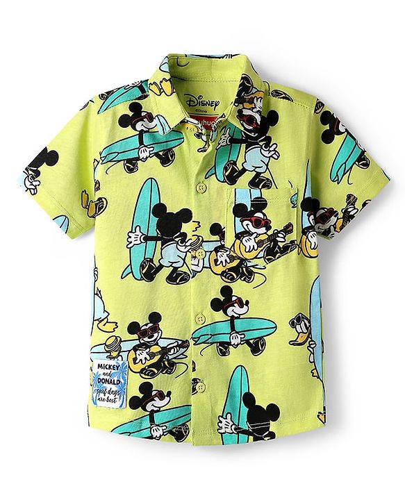 Babyhug Disney Single Jersey Knit Half Sleeves Co-ords Shirt & Shorts Set with Mickey Mouse Graphics - Limegreen