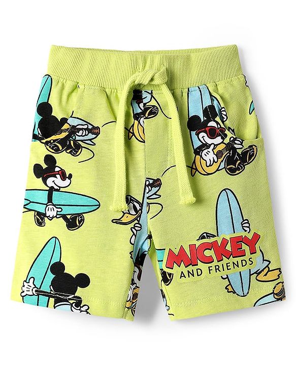 Babyhug Disney Single Jersey Knit Half Sleeves Co-ords Shirt & Shorts Set with Mickey Mouse Graphics - Limegreen