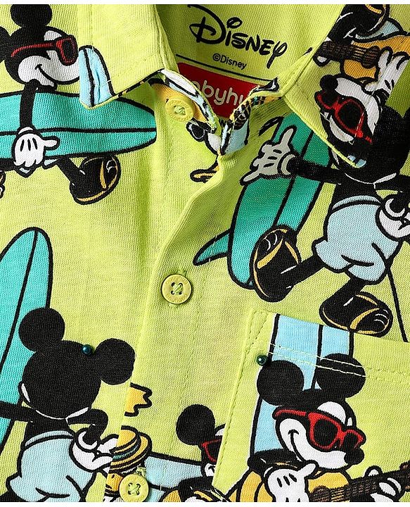 Babyhug Disney Single Jersey Knit Half Sleeves Co-ords Shirt & Shorts Set with Mickey Mouse Graphics - Limegreen