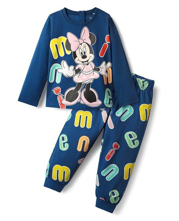 Babyhug Disney Single Jersey Knit Full Sleeves Night Suit with Minnie Mouse Graphics - Navy Blue