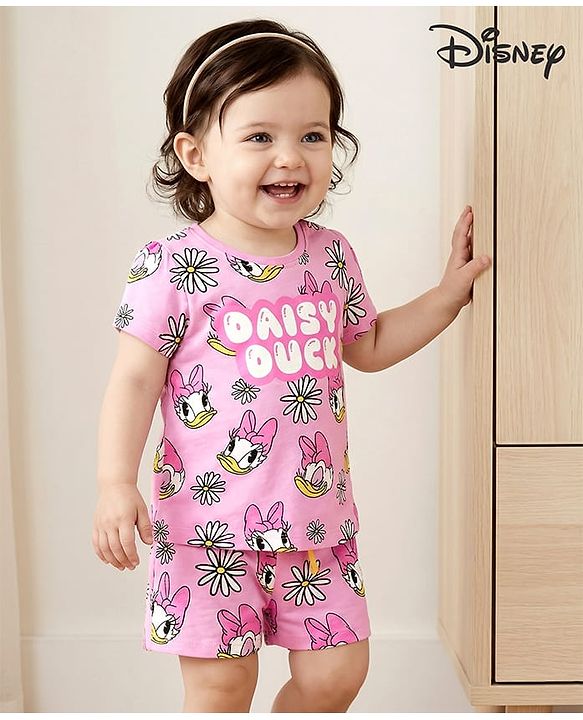 Babyhug Disney Single Jersey Knit Half Sleeves Co-ords Shorts Night Suit with Daisy Duck Graphics - Pink