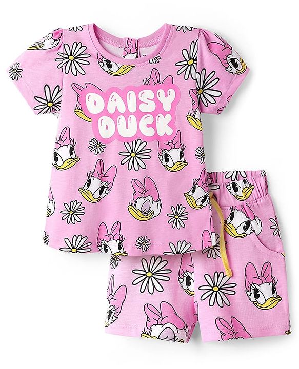 Babyhug Disney Single Jersey Knit Half Sleeves Co-ords Shorts Night Suit with Daisy Duck Graphics - Pink