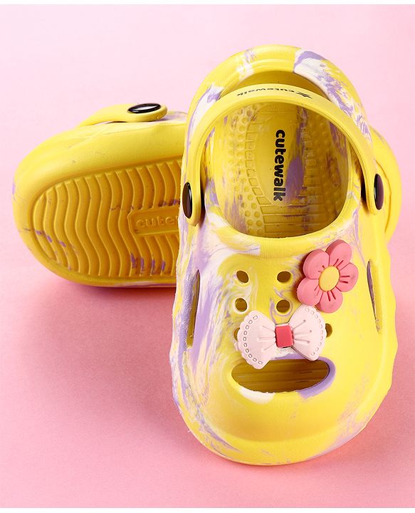 Cute Walk by Babyhug Clogs with Floral Applique & Back Strap - Purple & Yellow