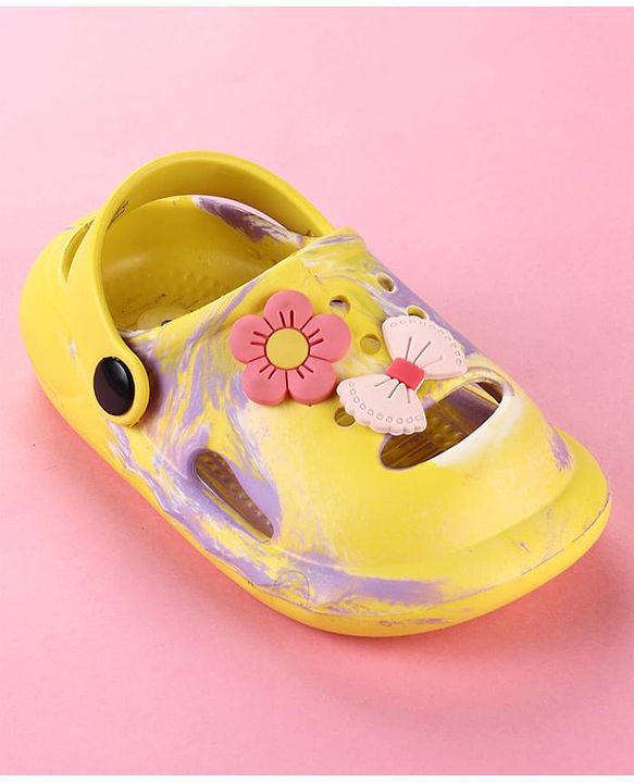 Cute Walk by Babyhug Clogs with Floral Applique & Back Strap - Purple & Yellow
