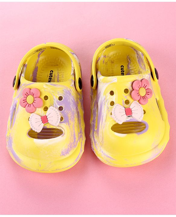 Cute Walk by Babyhug Clogs with Floral Applique & Back Strap - Purple & Yellow