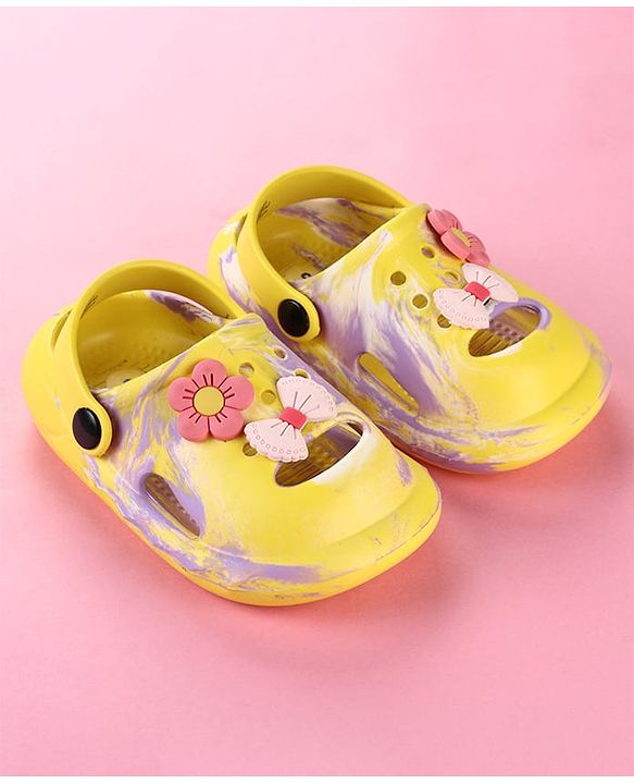 Cute Walk by Babyhug Clogs with Floral Applique & Back Strap - Purple & Yellow
