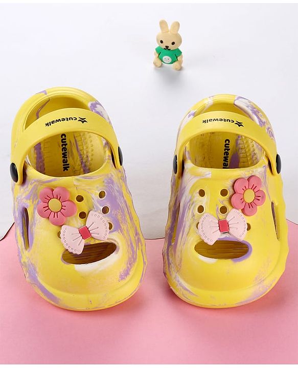 Cute Walk by Babyhug Clogs with Floral Applique & Back Strap - Purple & Yellow