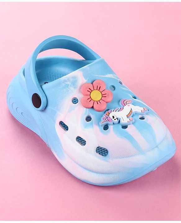 Cute Walk by Babyhug Clogs with Floral & Unicorn Applique & Back Strap - Blue