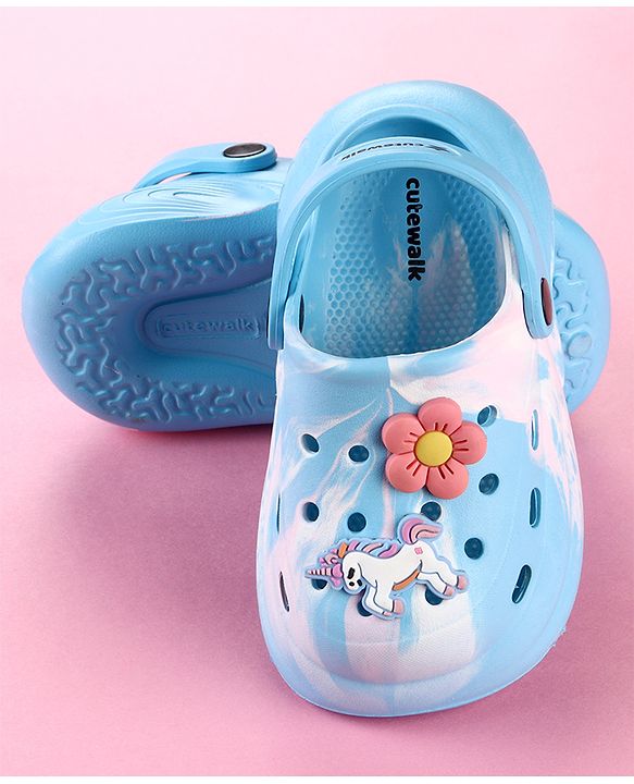 Cute Walk by Babyhug Clogs with Floral & Unicorn Applique & Back Strap - Blue
