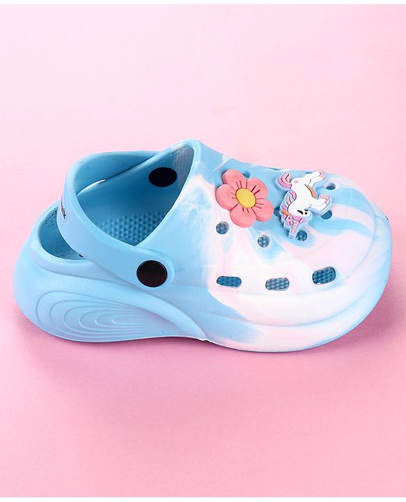Cute Walk by Babyhug Clogs with Floral & Unicorn Applique & Back Strap - Blue