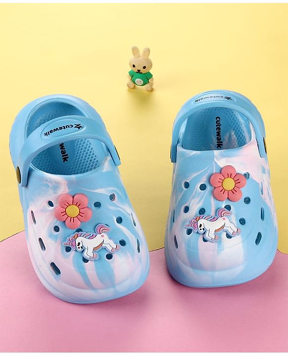 Cute Walk by Babyhug Clogs with Floral & Unicorn Applique & Back Strap - Blue
