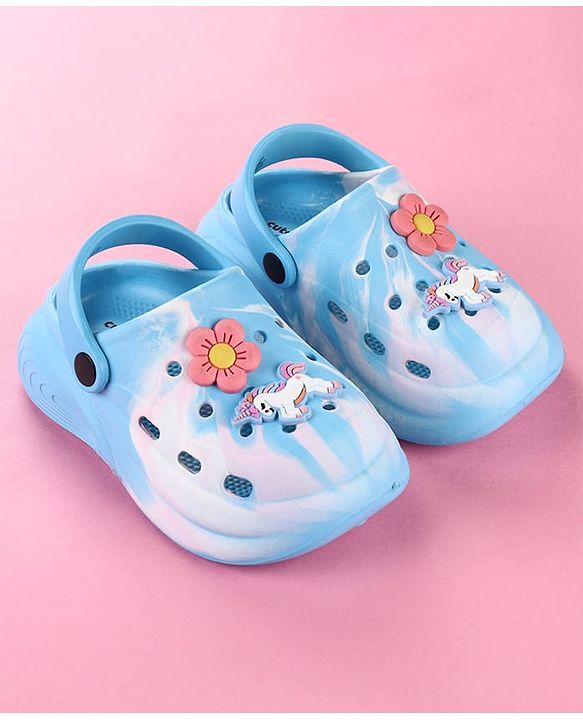 Cute Walk by Babyhug Clogs with Floral & Unicorn Applique & Back Strap - Blue