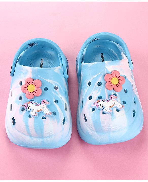 Cute Walk by Babyhug Clogs with Floral & Unicorn Applique & Back Strap - Blue