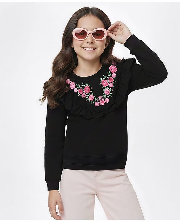 Pine Kids 100% Cotton Full Sleeves Floral Printed Sweatshirt With Frill Design - Black