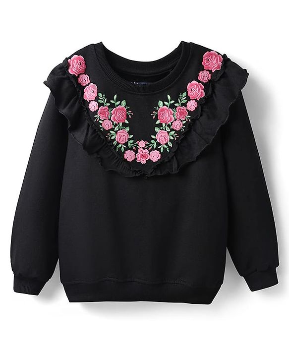 Pine Kids 100% Cotton Full Sleeves Floral Printed Sweatshirt With Frill Design - Black