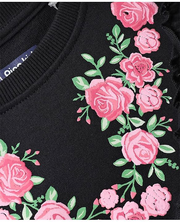 Pine Kids 100% Cotton Full Sleeves Floral Printed Sweatshirt With Frill Design - Black