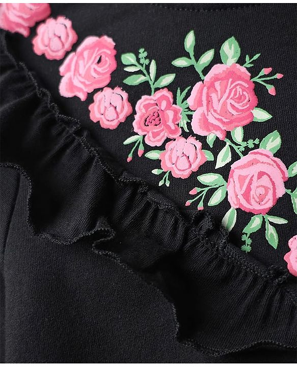 Pine Kids 100% Cotton Full Sleeves Floral Printed Sweatshirt With Frill Design - Black