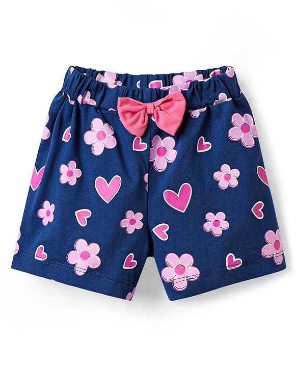 Babyhug Cotton Knit Half Sleeves Shorts Night Suit with Bunny Hearts & Floral Print - White & Navy Blue