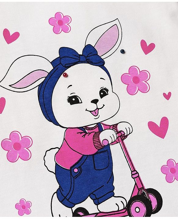 Babyhug Cotton Knit Half Sleeves Shorts Night Suit with Bunny Hearts & Floral Print - White & Navy Blue
