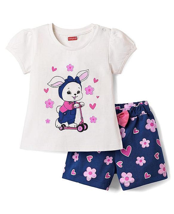 Babyhug Cotton Knit Half Sleeves Shorts Night Suit with Bunny Hearts & Floral Print - White & Navy Blue