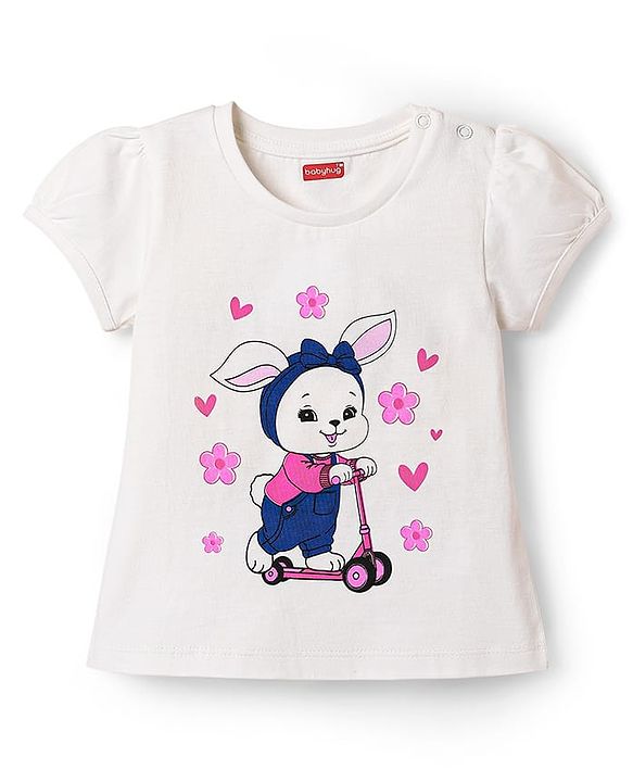 Babyhug Cotton Knit Half Sleeves Shorts Night Suit with Bunny Hearts & Floral Print - White & Navy Blue