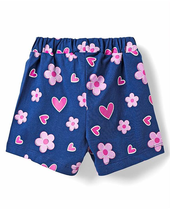 Babyhug Cotton Knit Half Sleeves Shorts Night Suit with Bunny Hearts & Floral Print - White & Navy Blue