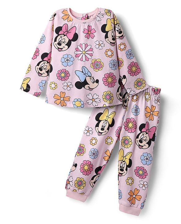 Babyhug Disney Single Jersey Knit Full Sleeves Co-ords Night Suit with Minnie Mouse Graphics - Pink