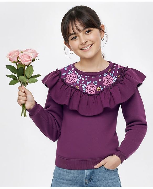 Pine Kids Cotton Knit Full Sleeves Sweatshirt With Floral Embroidery - Violet