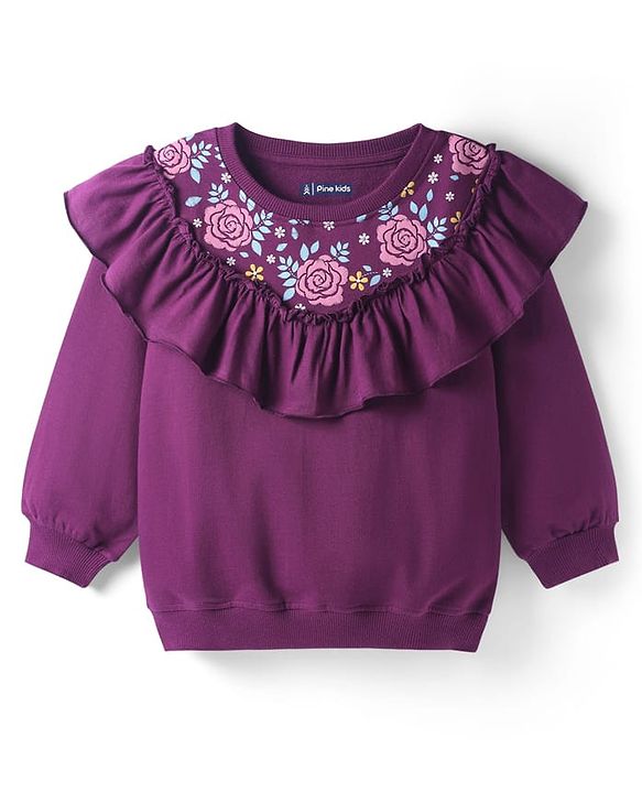 Pine Kids Cotton Knit Full Sleeves Sweatshirt With Floral Embroidery - Violet