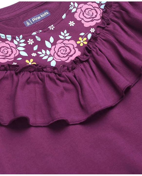 Pine Kids Cotton Knit Full Sleeves Sweatshirt With Floral Embroidery - Violet