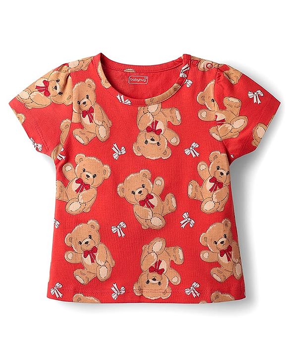 Babyhug Cotton Knit Half Sleeves Co-ords Shorts Night Suit with Bear Print - Red