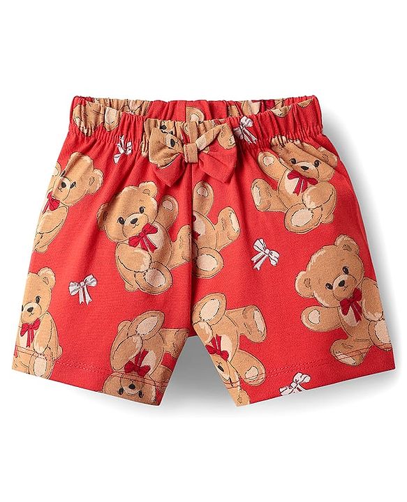 Babyhug Cotton Knit Half Sleeves Co-ords Shorts Night Suit with Bear Print - Red