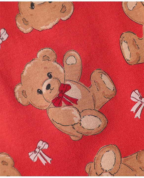Babyhug Cotton Knit Half Sleeves Co-ords Shorts Night Suit with Bear Print - Red