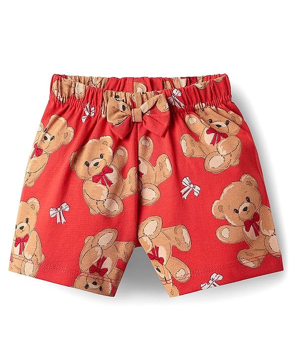 Babyhug Cotton Knit Half Sleeves Co-ords Shorts Night Suit with Bear Print - Red