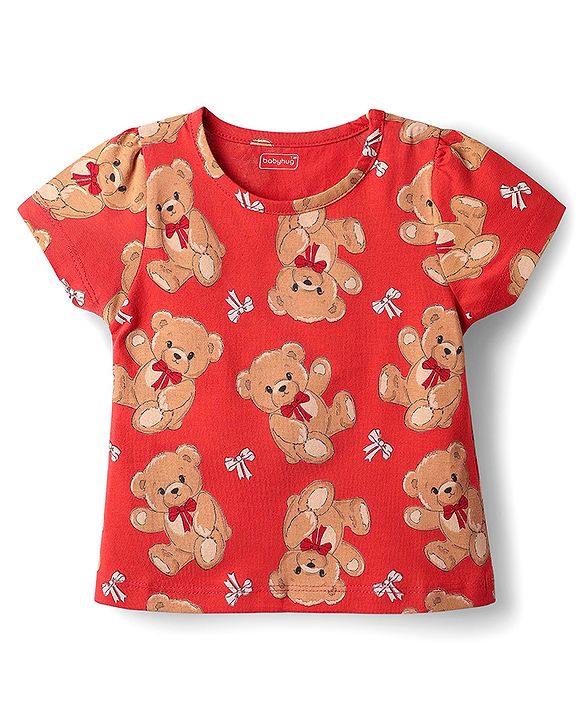 Babyhug Cotton Knit Half Sleeves Co-ords Shorts Night Suit with Bear Print - Red