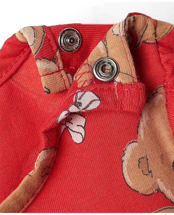 Babyhug Cotton Knit Half Sleeves Co-ords Shorts Night Suit with Bear Print - Red
