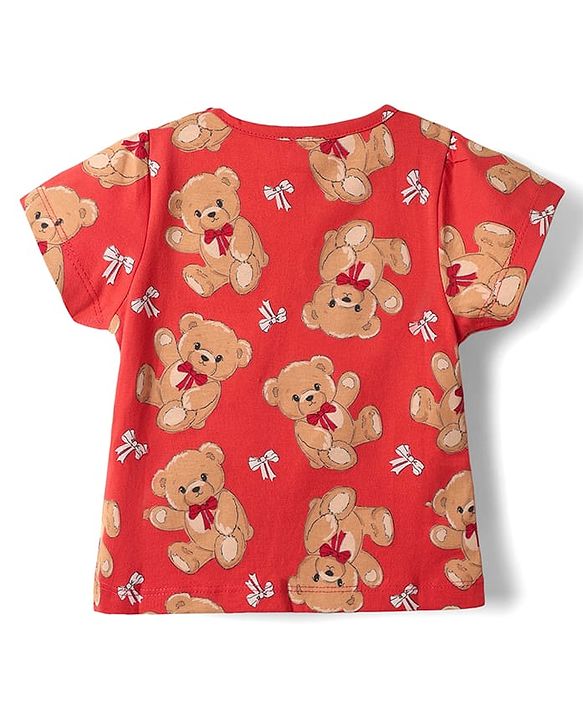 Babyhug Cotton Knit Half Sleeves Co-ords Shorts Night Suit with Bear Print - Red
